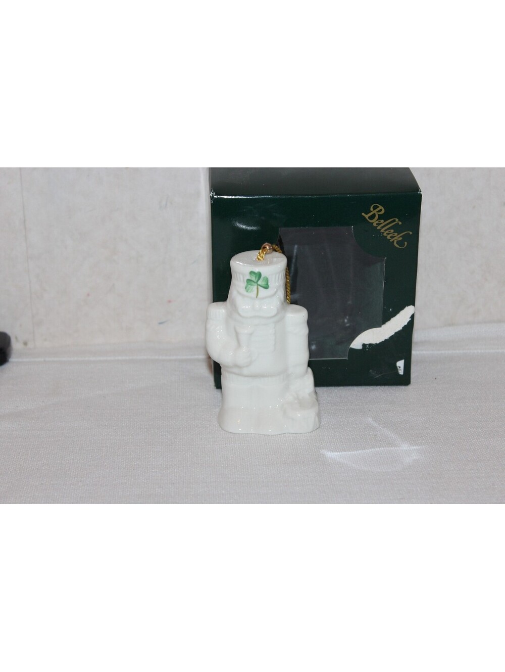 Vintage Belleek Ireland Nutcracker Bell Ornament Shamrock Porcelain w/ Box